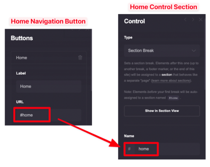 Home navigation button and control section in carrd